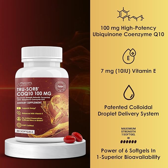 Tru-Sorb Natural COQ10 100mg: 30 Softgels - Supplement with Naturally Fermented 100% High-Potency Coenzyme q10 Ubiquinone Vitamin E 6X Ultra high Absorption for Cellular &amp Heart Health Support