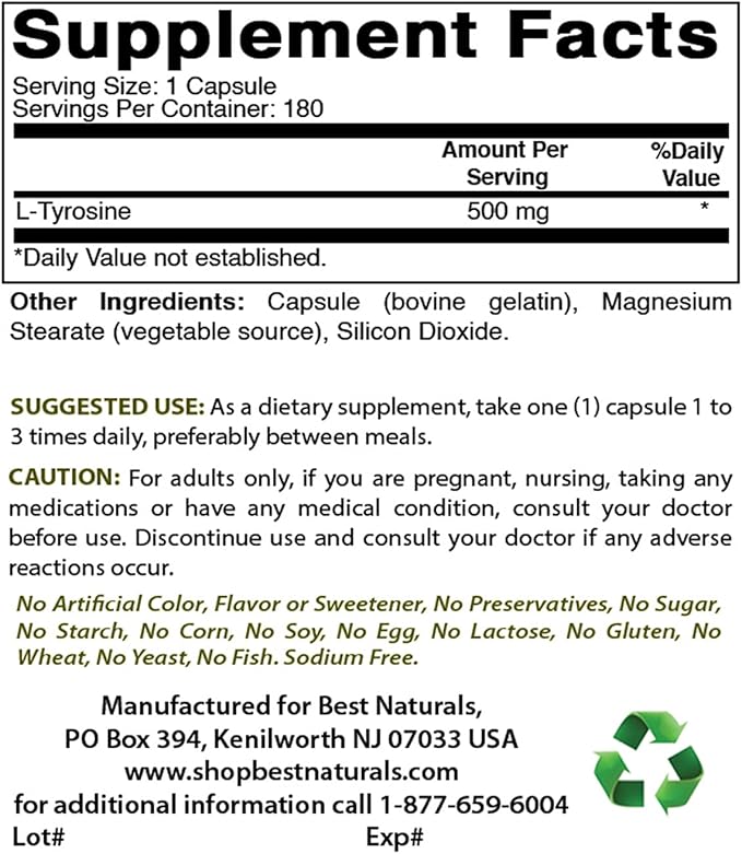 Best Naturals L-Tyrosine 500 Mg &amp Magnesium Oxide 500 mg