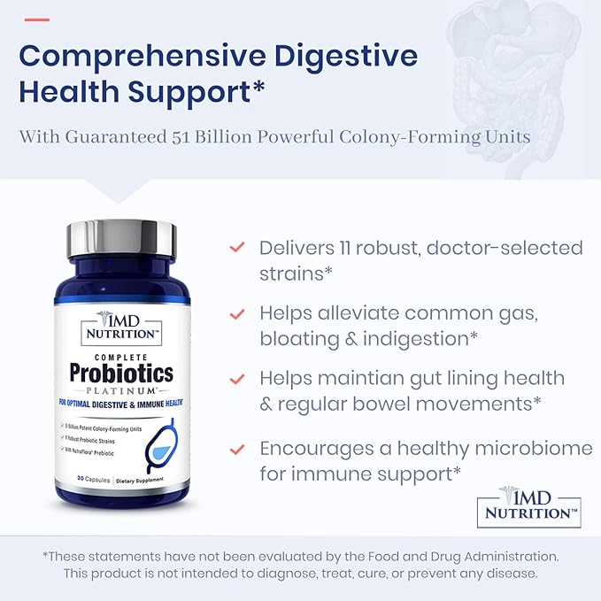 1MD Complete Probiotics Platinum | Supports Digestive Health | with Nourishing Prebiotics 51 Billion Live CFU 11 Strains Dairy-Free | 30 Vegetable Capsules (2-Pack)