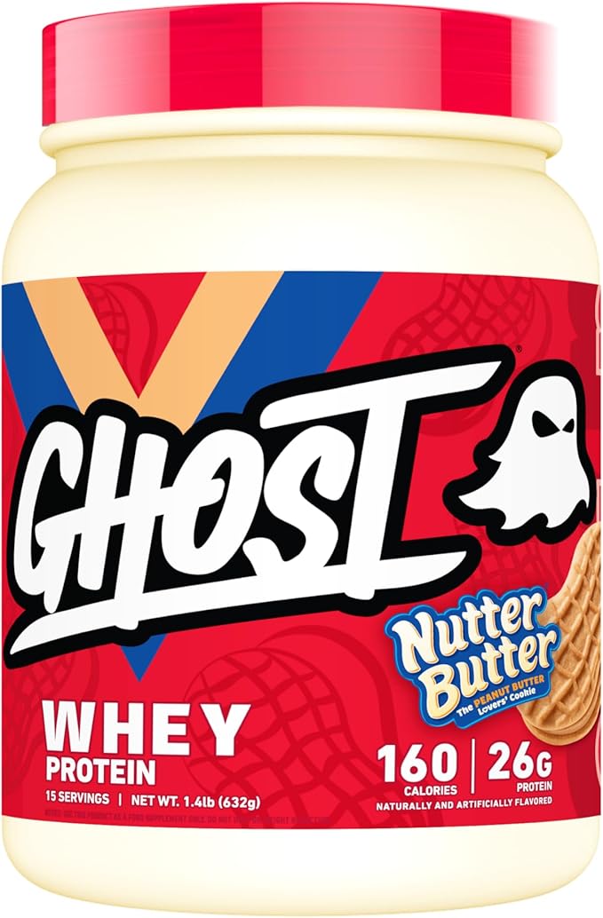 GHOST Whey Protein Powder Nutter Butter - 1LB Tub 26G of Protein - Flavored Isolate Concentrate &amp Hydrolyzed Whey Protein Blend - Post Workout Shakes
