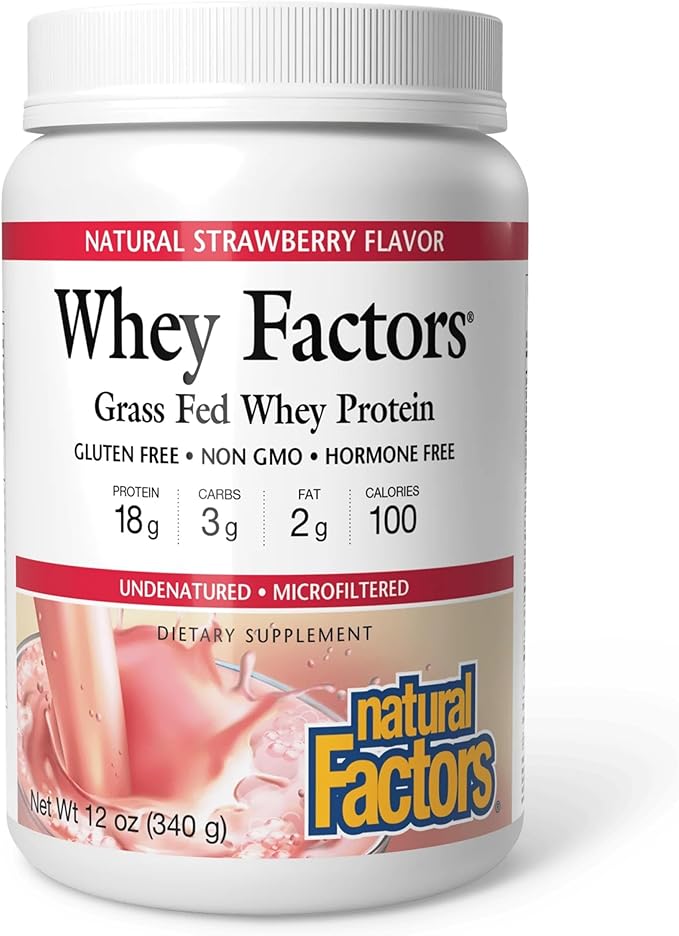 Natural Factors Whey Factors Grass Fed Whey Protein Concentrate Aids Muscle Development and Immune Health Strawberry 12 Oz