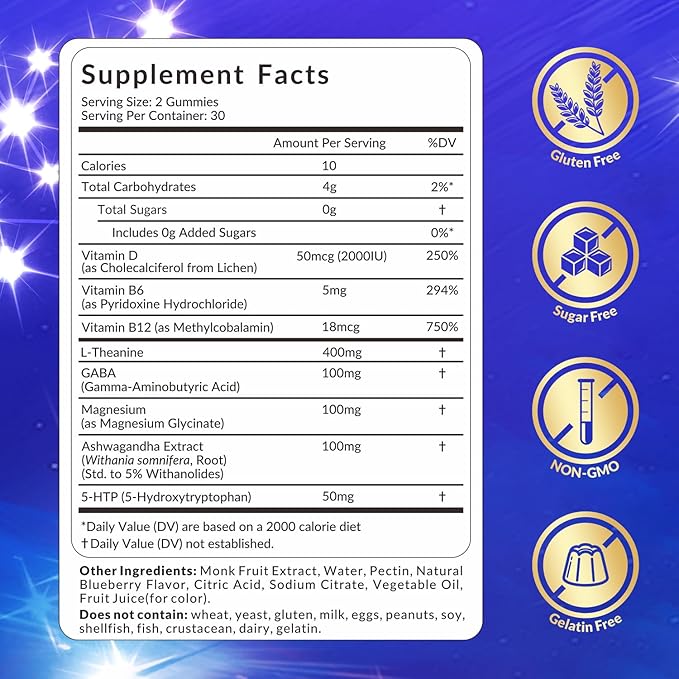 L-Theanine Gummies L-Theanine GABA Supplement with 5-HTP Ashwagandha Magnesium Vitamin B6 B12 - Melatonin-Free for Adults - Non-GMO Vegan