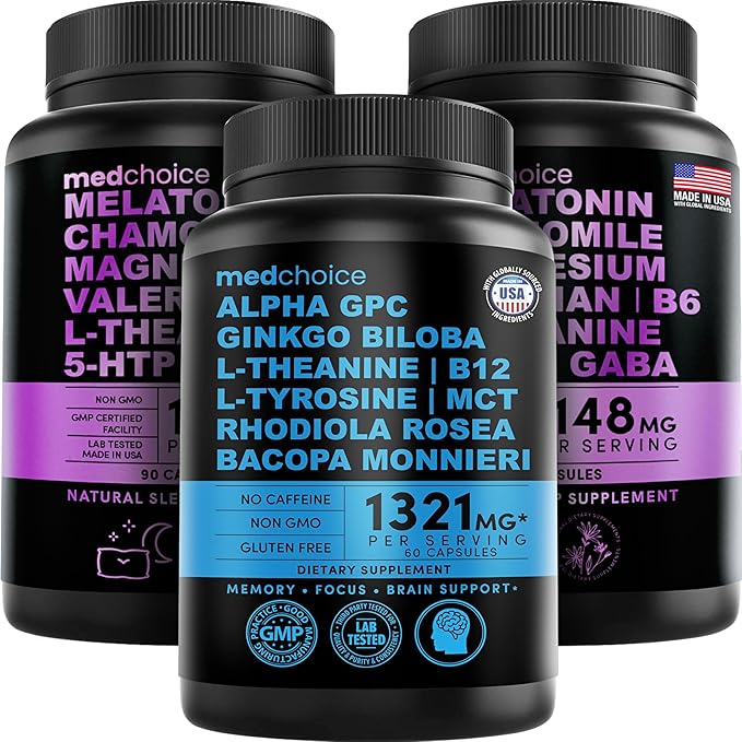 MEDCHOICE Sleep Melatonin (180ct) and Nootropic Brain (60ct) Supplement Bundle - Wellness Duo for Sleep Brain Focus &amp Mood Support - Vegan Non-GMO Gluten-Free