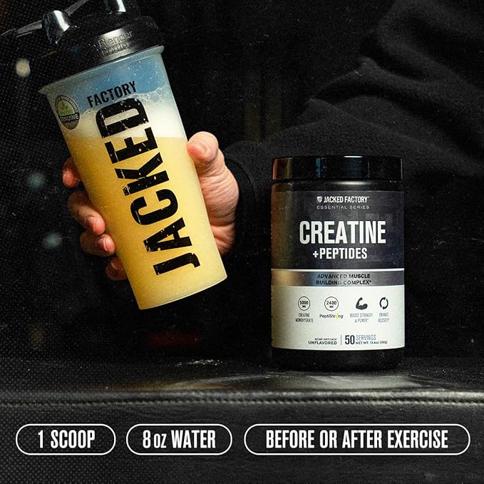 Jacked Factory Creatine + Peptides - Creatine Monohydrate and PeptiStrong Peptides for Muscle Growth and Reduced Muscle Breakdown - Unflavored - 50 Servings