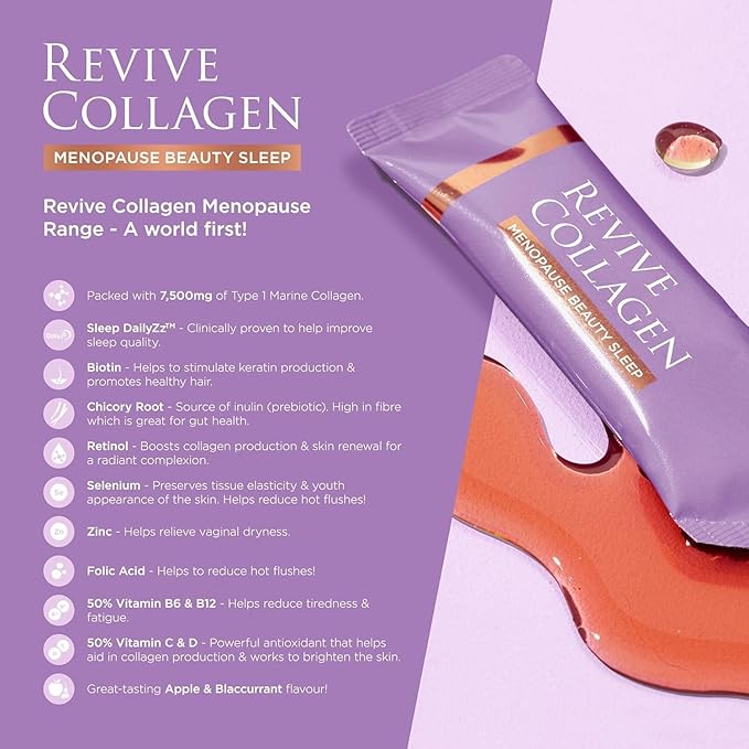 Revive Collagen Menopause Beauty Sleep — Hydrolyzed Marine Collagen Drink for Women 7500MG Zinc Chicory Root Fiber Vitamin D &amp K Supports Sleep Quality Apple &amp Blackcurrant Flavour — 14