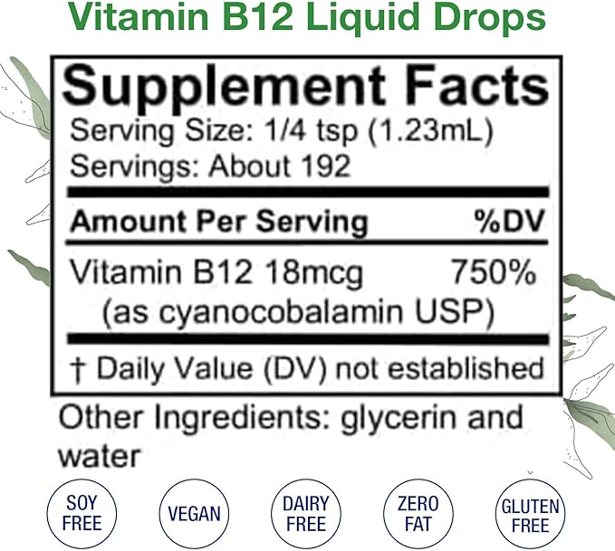 Vitamin B12 Liquid Drops – B12 Liquid Cyanocobalamin Drops to Support Brain Function &amp Heart Health – Liquid Vitamin Energy Supplement – Alcohol-Free Skin Nails &amp Hair Vitamin Supplement 8 F