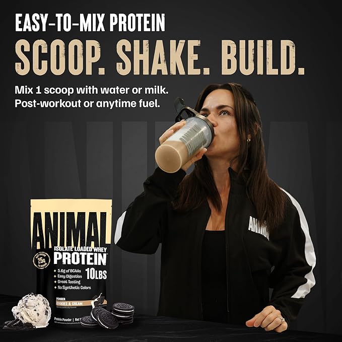 Animal Whey Isolate Protein Powder - Loaded for Pre &amp Post Workout Muscle Builder and Recovery with Digestive Enzymes for Men &amp Women - 25g Protein Great Taste Low Sugar - Cookies &amp Crea