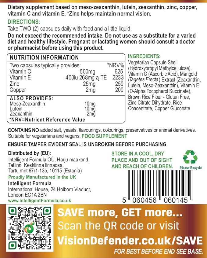 Vision Defender A.M.D. Plus &amp BP Eye Care Bundle – Advanced Eye Supplements with AREDS2 (Lutein Zeaxanthin Vitamin C &amp E Copper Zinc) Plus Meso-Zeaxanthin Bilberry Pine Bark. Made in UK