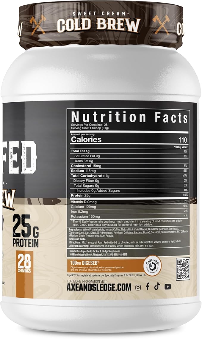 Axe &amp Sledge Farm Fed 100% Whey Protein Isolate | 25g Protein | Low Carb Low Sugar Gluten Free | Protein Powder for Men and Women | Keto | Made in The USA | 28 Servings Sweet Cream Cold Brew