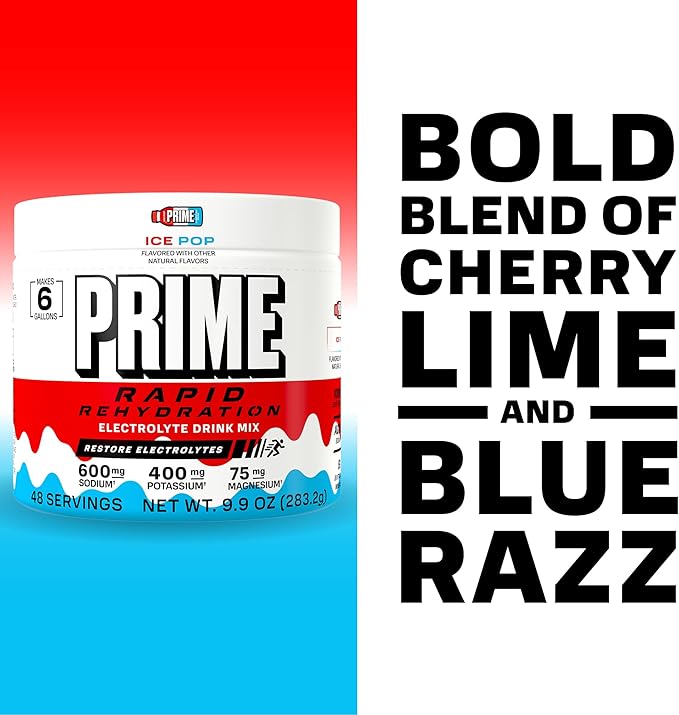 Prime Rapid Rehydration Electrolyte Powder Ice Pop Sugar Free Hydration Drink Mix with Sodium Potassium Magnesium &amp B Vitamins to Replenish Fluids Caffeine Free 6 Gallon Tub 48 SRV