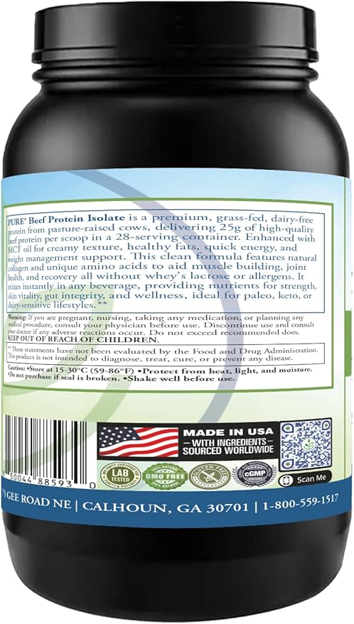 PURE® Grass-Fed Beef Protein Isolate Powder - 25g Protein 28 Servings - Dairy-Free Paleo &amp Keto Friendly Protein - with MCT Oil Probiotics &amp Natural Collagen - No Whey or Lactose - Vanilla 8