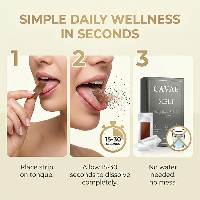 Cavae Melt Oral Iron Strips with Folate Ferrovia Iron Supplement for Women19mg Elemental Iron Per StripGentle &amp Fast-Dissolving Film for Energy - No Water NeededRaspberry Flavor30 Servings (1