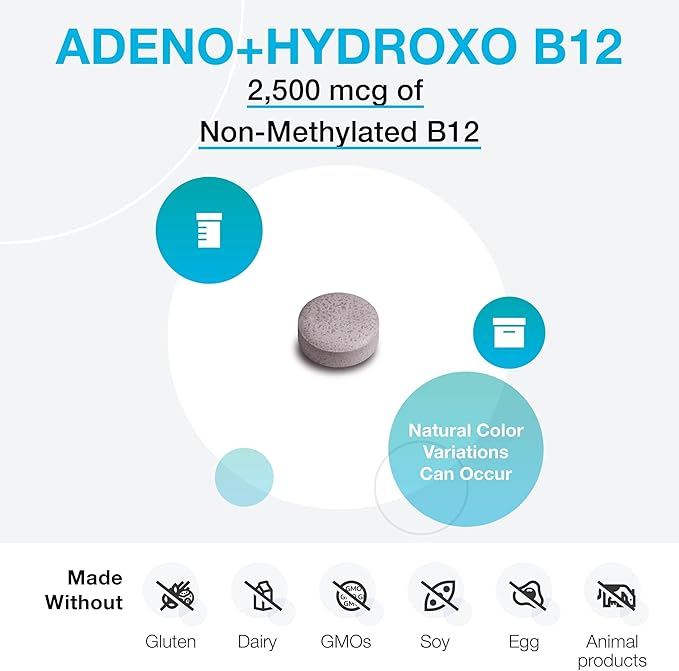 XYMOGEN Adeno+Hydroxo B12-2500 mcg Non-Methylated Vitamin B12 - Nervous System &amp Cellular Energy Support - Quick-Dissolve Tablets - Fruit Punch Flavor - 60 Tablets