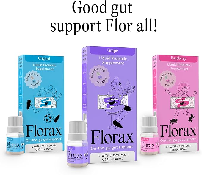 Florax - Liquid Probiotic - On-The-go Gut Support for Women Men and Children - Vegan Gluten Free Lactose Free Soy Free and Preservative Free - Grape Flavor - 5 Vials