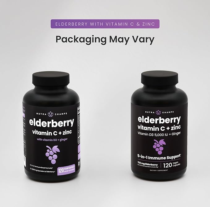 Elderberry with Vitamin C and Zinc - 5 in 1 - Immunity Support Supplement 10000mg Sambucus Black Elderberry Capsules with Vitamin D3 5000 IU Sambucus Elderberry Extract - Immune Booster for Adults