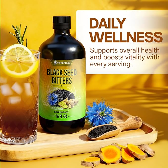 Black Seed Oil Bitters Liquid - Premium Herbal Blend with Black Seed Extract Curcumin (Turmeric Extract) Ashwagandha Elderberry Probiotics Vitamin C Zinc...16 fl oz | Natural Botanical Blend