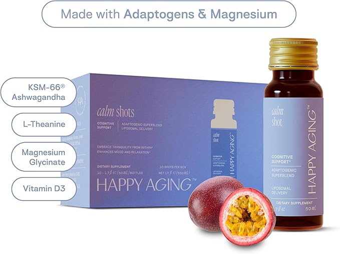 Happy Aging Cortisol Support for Women – Stress Relief &amp Mental Clarity with Ashwagandha L-Theanine L-Tyrosine Magnesium Sulfate Vitamin D3 &amp B6 Sugar-Free – 10 Ready-to-Drink Shots