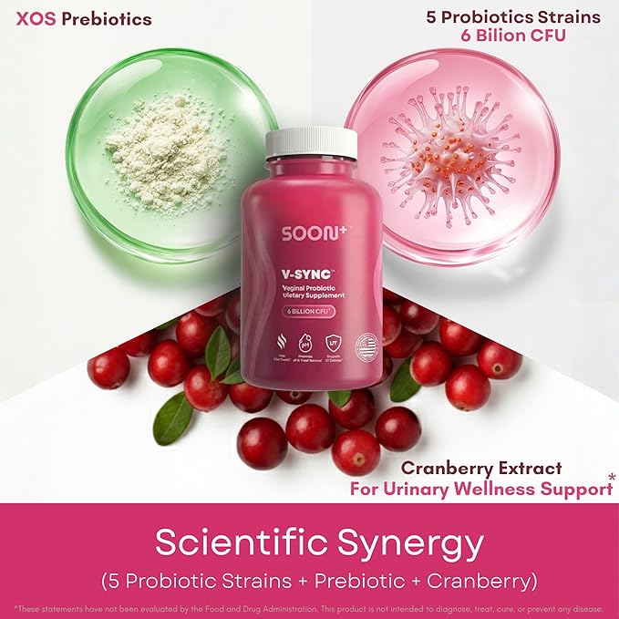 SOON+ Vaginal Probiotics for Women V-Sync Vaginal Probiotic with Lactobacillus Cranberry &amp Prebiotics Support pH Balance for Women Urinary Health Digestive Support 6 Billion CFU 60 Capsules