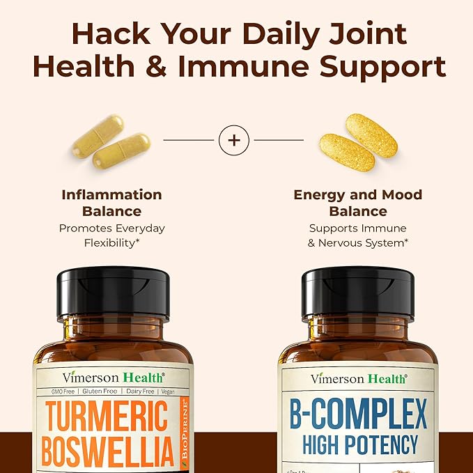 Boswellia Turmeric Curcumin Supplement + Vitamin B Complex with Vitamin B12 Niacin Vitamin B2 Vitamin B6 Bundle – Supports Joint Health &amp Aids Mood Energy – with Ginger Root Organic Turmeric