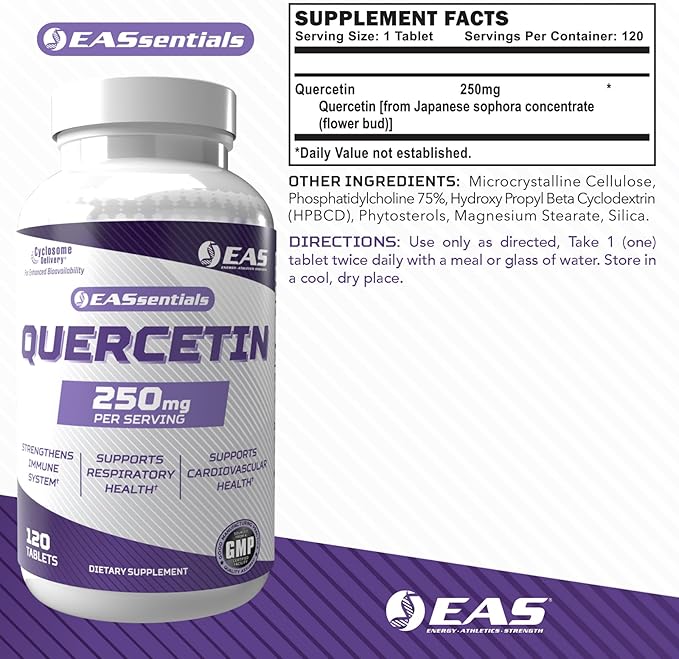 EAS Quercetin 250mg | Heart &amp Respiratory Health | Supports Immune Response | Gluten Free Non GMO | Better Absorption with Cyclosome Delivery | 120 Tablets