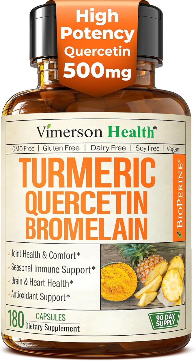 Quercetin with Bromelain Turmeric Curcumin Supplement – Allergy Relief Immune &amp Joint Support – Organic Turmeric Supplement w/Bioperine for Enhanced Absorption 180 Quercetin 500mg Capsules