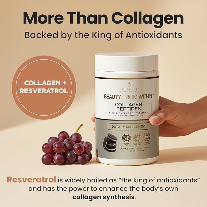 VITASEI Hydrolyzed Collagen Peptides Powder with Resveratrol &amp Vitamin C – Hair Skin &amp Joint Support – Colágeno Hidrolizado for Women &amp Men – Delicious Cookies &amp Cream Flavor 16 oz (