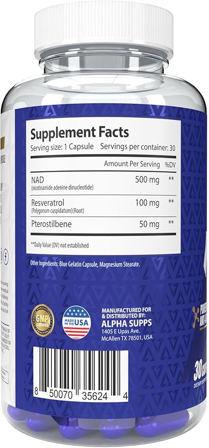 Alpha Supps NAD+ Resveratrol - NMN &amp NMNH Supplement Alternative - Advanced NAD Plus Antioxidant Formula - Supports Cellular Vitality Healthy Aging Energy &amp Longevity - Ideal for Men &amp W