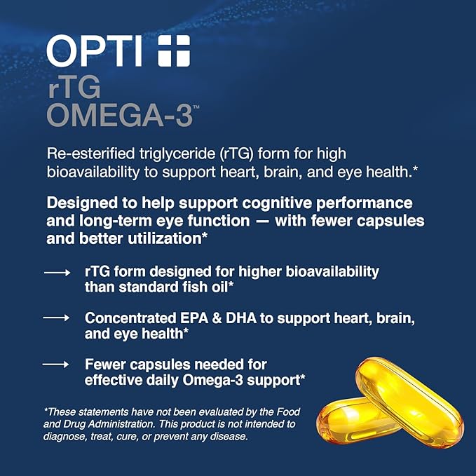 Opti + rTG Omega-3 Supplements | Heart Immune Brain and Eye Health Supplements for Adults | Daily Use Omega 3 DHA EPA Capsules | 120 Softgels/ 60 Servings