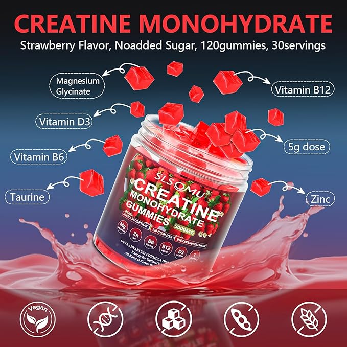 Creatine Gummies for Women 5000mg Pre-Workout Muscle Strength &amp Energy Support 0 Sugar Creatine Gummy with L-Taurine Zinc B12 B6 Strawberry Flavor Vegan - 120 Gummies
