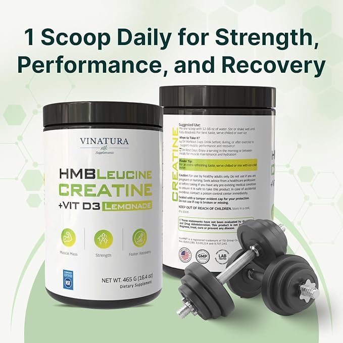 VINATURA HMB Creatine Leucine Powder - 5g Creatine Monohydrate 3g HMB Supplement 3g L-Leucine - Vitamin D3 Vegan Lemonade Flavor Muscle &amp Strength Support - 30 Servings