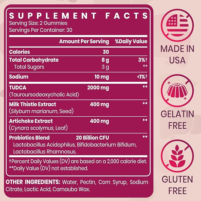 Premium TUDCA Bile Salts Gummies - 2000mg High Potency Liver Support Supplement Liver Detox &amp Repair with Milk Thistle Artichoke Probiotics - Vegan 60 Servings