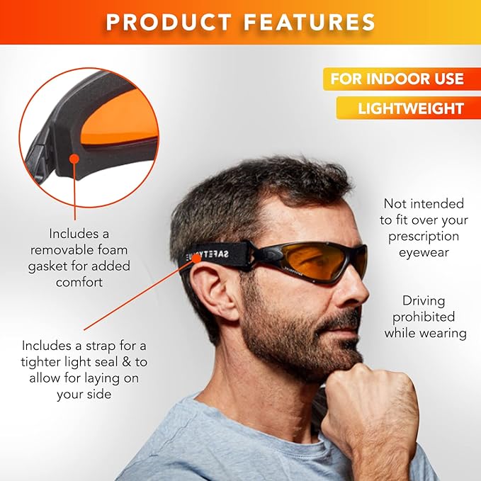 Sleep Savior Deluxe Amber Lens Glasses - Block Blue &amp Green Light Boost Melatonin Enhance Sleep Quality Reduce Eye Strain Interchangeable Strap Padded for Ultimate Comfort