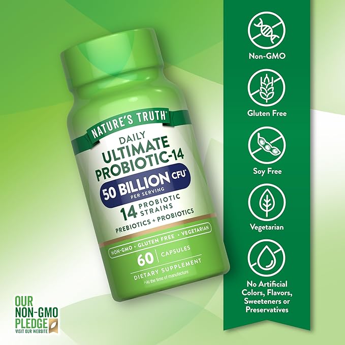 Nature's Truth Probiotic for Women and Men | 50 Billion CFU | 14 Probiotic Strains | 60 Capsules | Stomach Friendly | 200mg Prebiotics | Vegetarian Non-GMO &amp Gluten Free Supplement