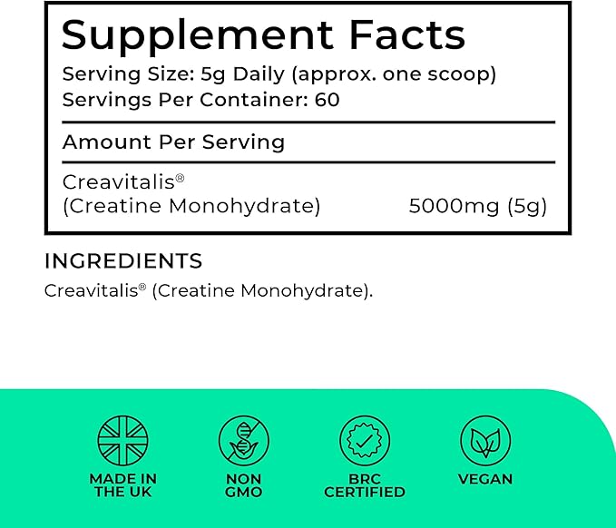 Creapure® Creatine Monohydrate Powder 300g – 60 Servings – Creavitalis® Micronised Vegan Creatine – Unflavoured Fast Mixing – Muscle Growth Strength Power – 3rd Party Tested UK Brand