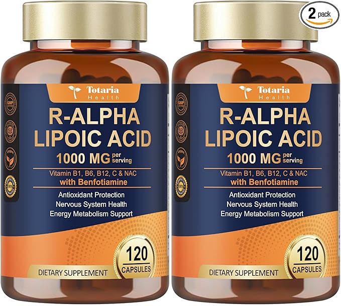 (2 Packs) R Alpha Lipoic Acid 1000mg with Benfotiamine - Sodium ALA Supplement for Neuropathy Support Nerve Health &amp Antioxidant Cell Energy Metabolism and Anti-Aging Non-GMO Gluten Free Vega