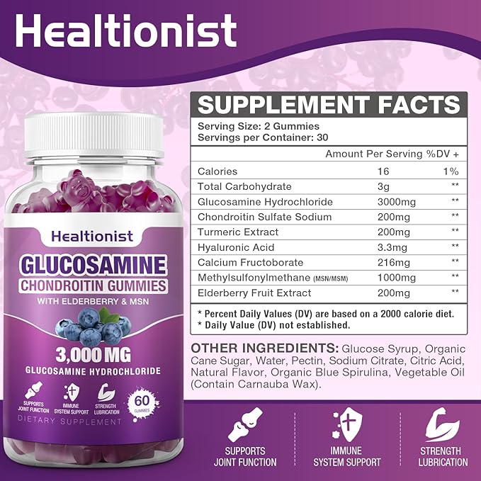 2 Packs 3000mg Glucosamine Chondroitin Gummies with MSM &amp Elderberry - Extra Strength Joint Health Flexibility Antioxidant Immune Support Supplement Gummy for Adults Men &amp Women 120 Cts