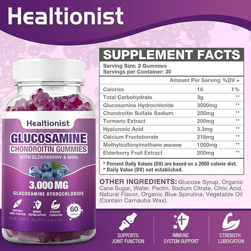 2 Packs 3000mg Glucosamine Chondroitin Gummies with MSM &amp Elderberry - Extra Strength Joint Health Flexibility Antioxidant Immune Support Supplement Gummy for Adults Men &amp Women 120 Cts