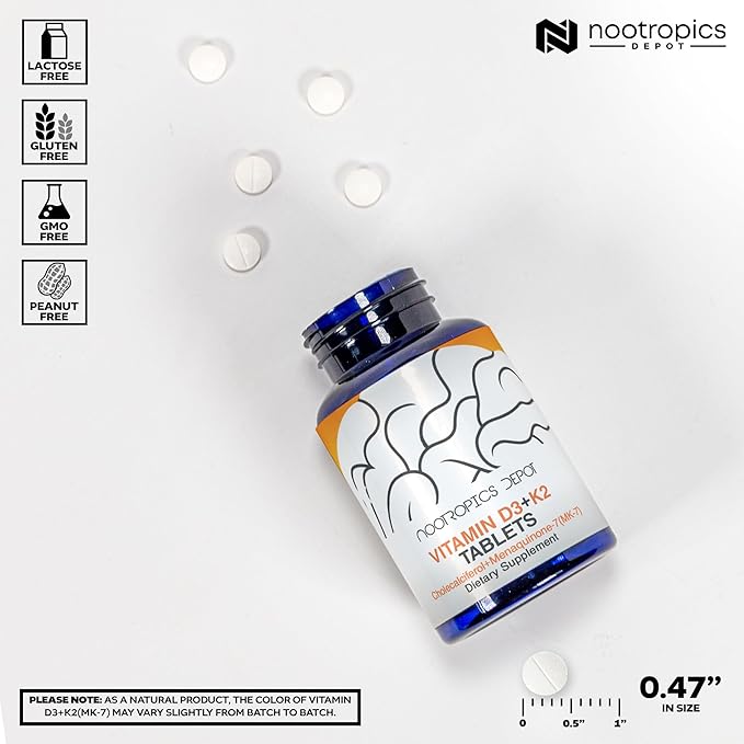 Nootropics Depot Vitamin D3 + K2 with Vitamin C Tablets | 365 Count | 125μg | Equivalent to 5000 IU | Year Supply