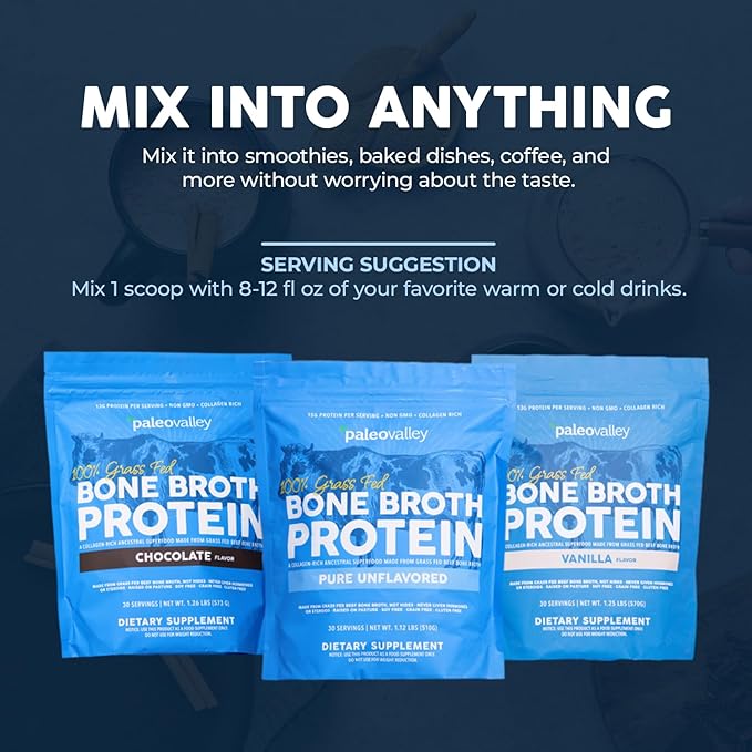 Paleovalley 100% Grass Fed Beef Bone Broth Protein Powder - Rich in Collagen Peptides for Hair Skin Gut Health Bone and Joint Support - 15g Protein Per Serving - No Gluten or GMOs