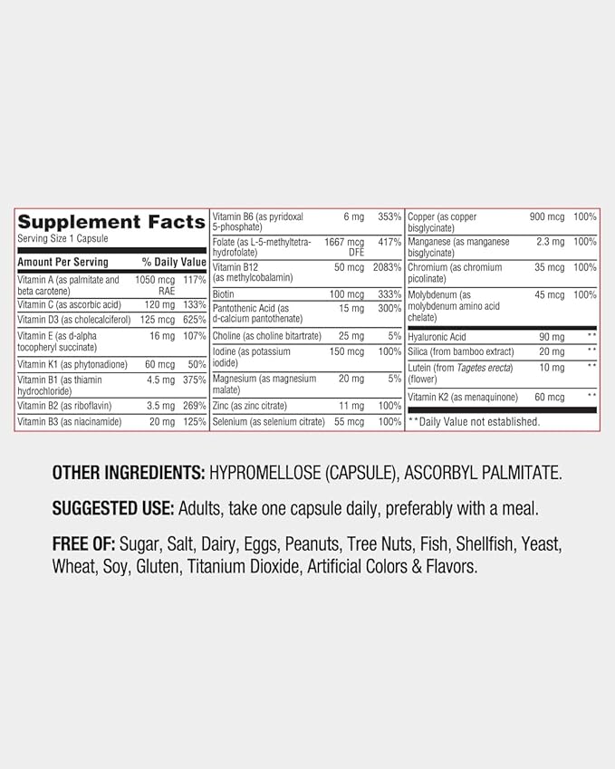 Red Rocker Essentials Women's Multi - Methylated B12 &amp Folate with Hyaluronic Acid Silica &amp 5000 IU D3 - Beauty Energy &amp Hormone Support - Once Daily - 30 Capsules