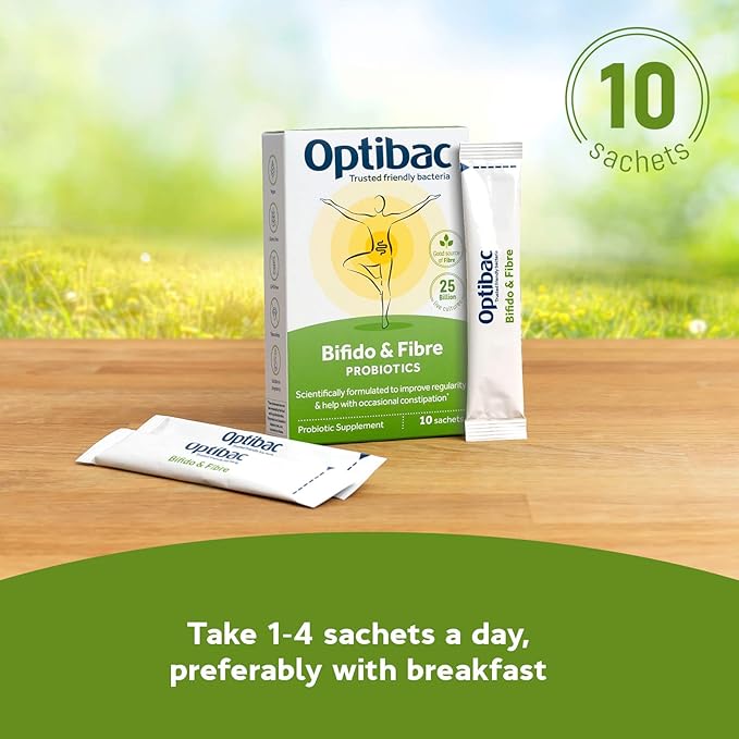 Optibac Probiotics Bifido &amp Fibre - Vegan Probiotics for Digestive Health &amp Occasional Constipation 25 Billion CFU &amp Prebiotic - 10 Sachets