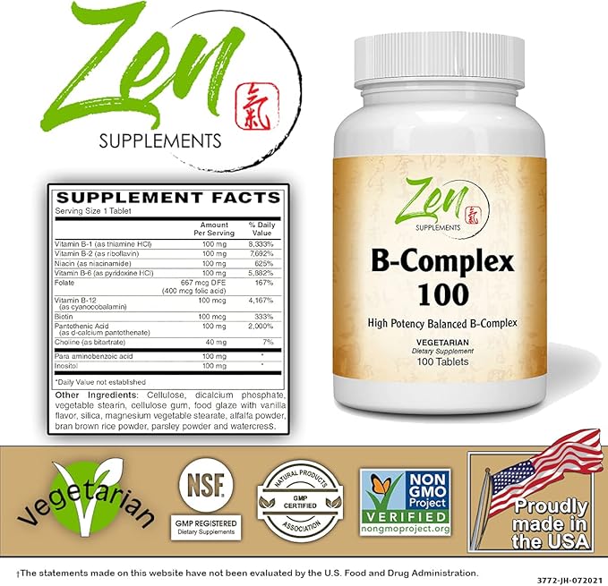 Advanced B Complex Vitamin Supplement - Full-Spectrum B Vitamin Supplement with Folic Acid Biotin Inositol - Support Immune and Cardio Health Energy Metabolism - 100 Tablets