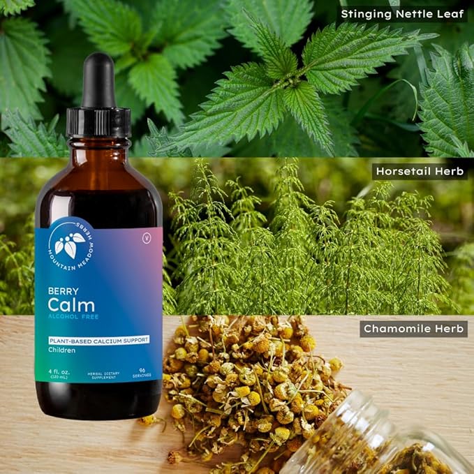 Mountain Meadow Herbs Berry Calm for Kids – Herbal Calcium Supplement for Strong Bones Teeth Focus &amp Relaxation Great Tasting Liquid Formula 4 oz