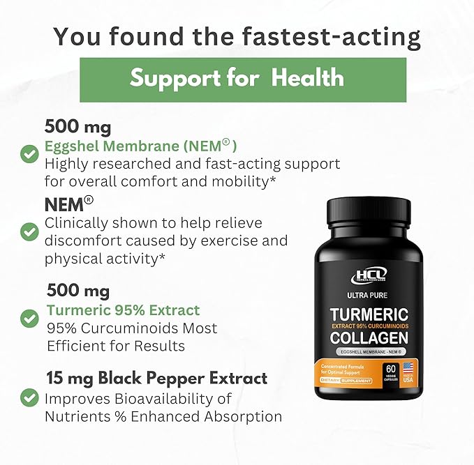 Turmeric Curcumin 95% Extract &amp Collagen Capsules - NEM Promotes Knee Comfort &amp Flexibility - Eggshell Membrane w Naturally Occurring Glucosamine Chondroitin Hyaluronic Acid- Made in USA