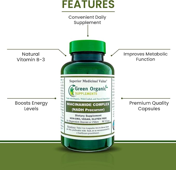 Green Organic Supplements Niacinamide Niacin NAD NADH High Absorbable Non-GMO Gluten-Free (Single)