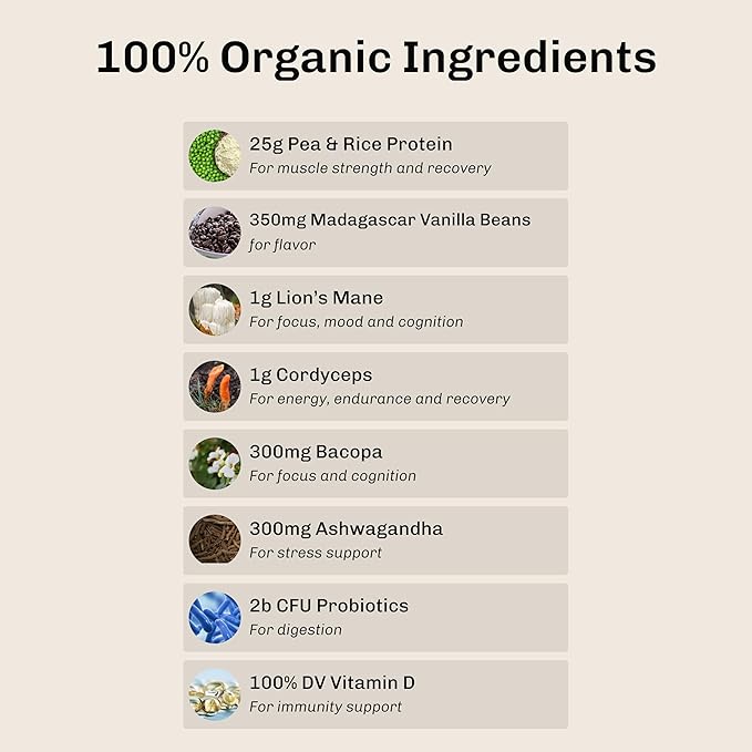 MUDWTR Nourish | Vanilla Mushroom Protein Powder | 2000mg Adaptogenic Mushrooms | Vegan Protein Powder | USDA Organic | Focus Mood &amp Digestion Support | Vanilla Lion's Mane Bacopa | 15 Serving