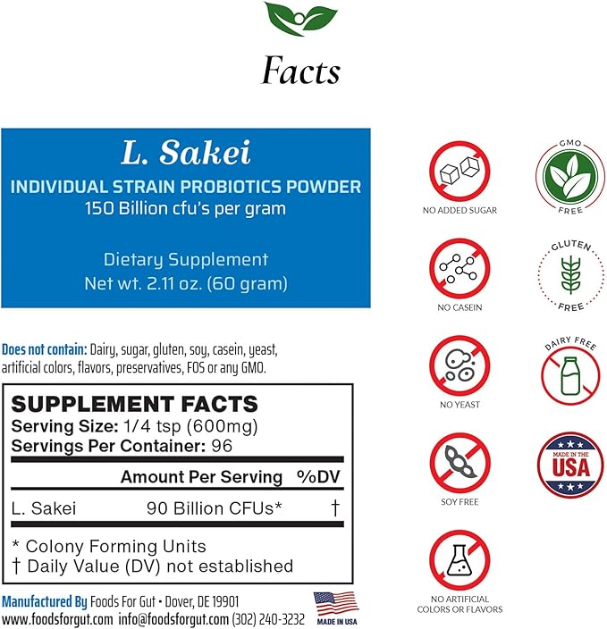 Lactobacillus Sakei Probiotic Powder 150 Billion cfu's | Made in USA | No Additives | Direct from Manufacturer | No Third-Party Storage | Sinus and Sinusitis Relief | L. Sakei | 60 Grams (2.11 Oz)