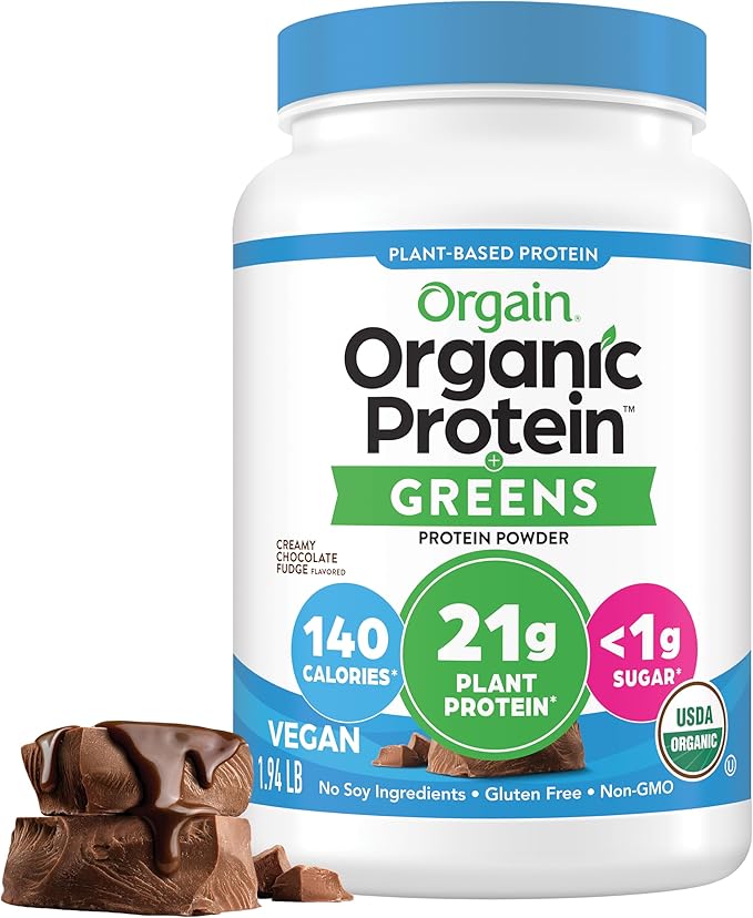 Orgain Organic Vegan Protein Powder + Greens Creamy Chocolate Fudge - 21g Plant Based Protein Gluten Free Dairy &amp Lactose Free Soy Free No Sugar Added Iron &amp Prebiotics for Gut Health -