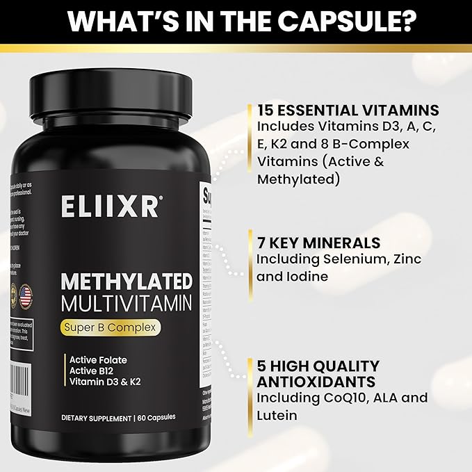 Eliixr Methylated Multivitamin 27-in-1 Formula with 1500 mcg Active Folate Methylated B12 K2 D3 B-Complex and more Women and Mens Multivitamins 60 Vegan Capsules 2 month supply Made in the USA