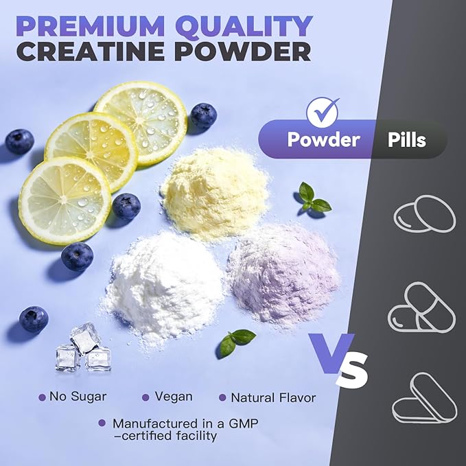 Creatine Monohydrate Powder - Blueberry - 30 Servings - 5g of Creatine Monohydrate - Supports Muscle ATP Production Energy Strength - Vegan Gluten Free